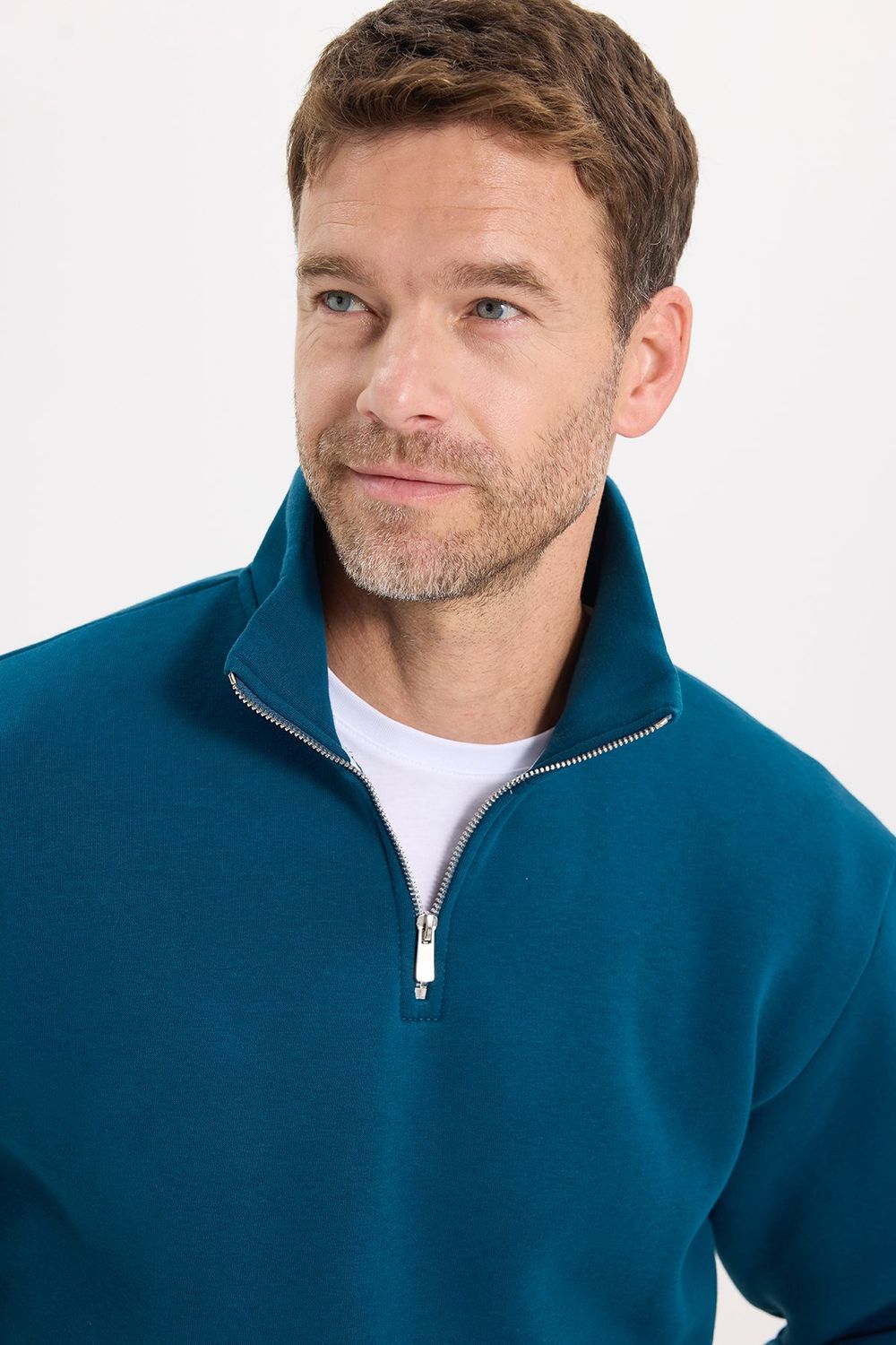 Unisex Relax Fit Rahat Kesim Pamuklu İçi Polarlı Yarım Fermuarlı İndigo Dik Yaka Sweatshirt