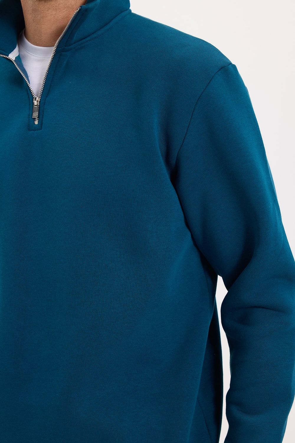 Unisex Relax Fit Rahat Kesim Pamuklu İçi Polarlı Yarım Fermuarlı İndigo Dik Yaka Sweatshirt