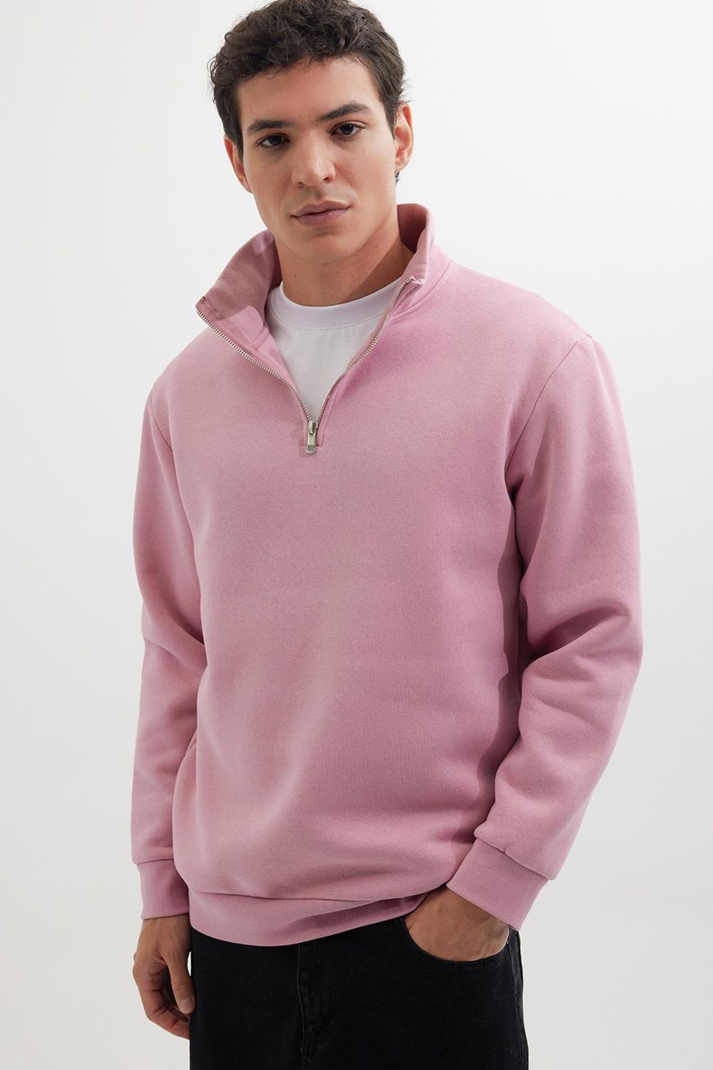 Unisex Relax Fit Rahat Kesim Pamuklu İçi Polarlı Yarım Fermuarlı Lila Dik Yaka Sweatshirt