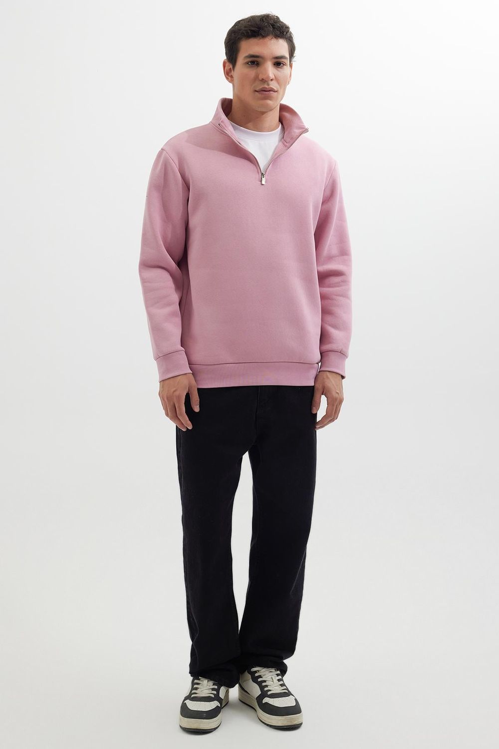 Unisex Relax Fit Rahat Kesim Pamuklu İçi Polarlı Yarım Fermuarlı Lila Dik Yaka Sweatshirt