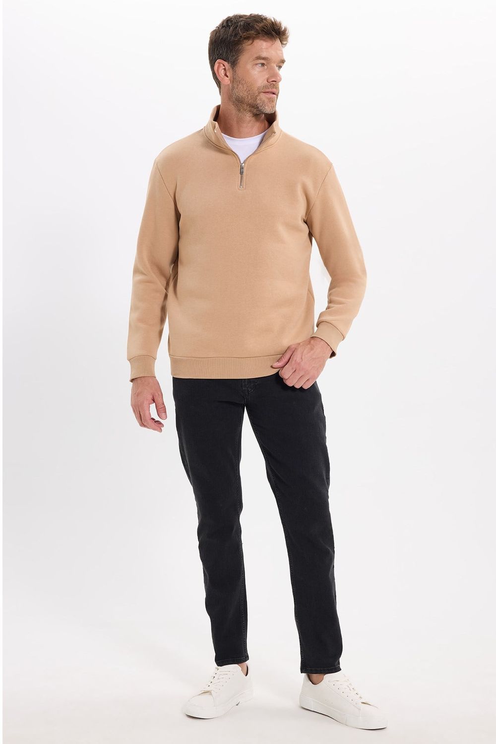Unisex Relax Fit Rahat Kesim Pamuklu İçi Polarlı Yarım Fermuarlı Taş Renk Dik Yaka Sweatshirt