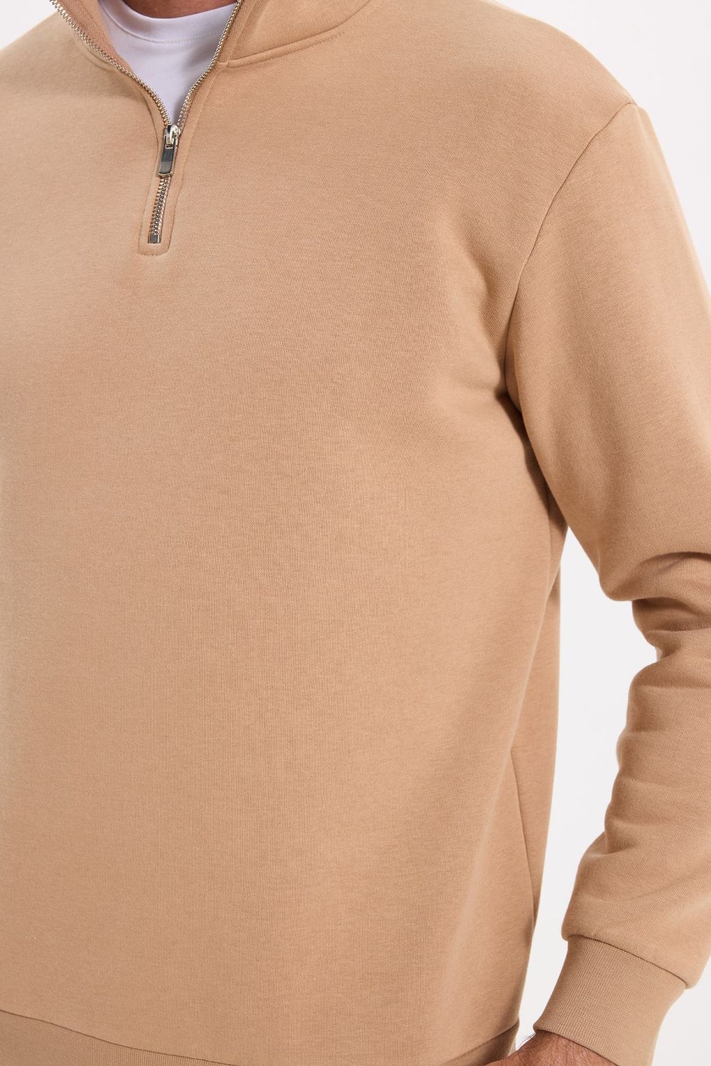 Unisex Relax Fit Rahat Kesim Pamuklu İçi Polarlı Yarım Fermuarlı Taş Renk Dik Yaka Sweatshirt