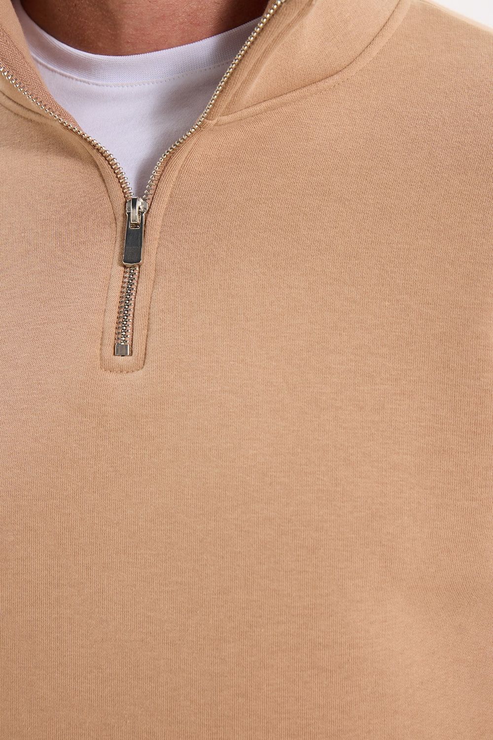 Unisex Relax Fit Rahat Kesim Pamuklu İçi Polarlı Yarım Fermuarlı Taş Renk Dik Yaka Sweatshirt