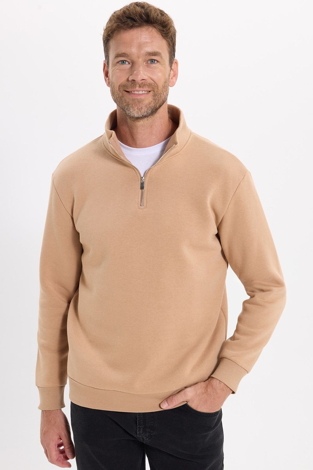 Unisex Relax Fit Rahat Kesim Pamuklu İçi Polarlı Yarım Fermuarlı Taş Renk Dik Yaka Sweatshirt