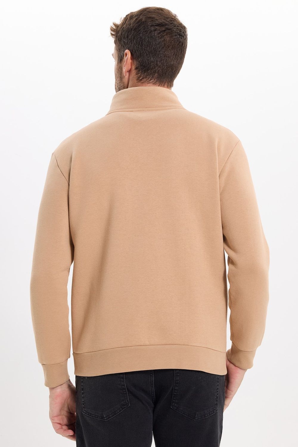 Unisex Relax Fit Rahat Kesim Pamuklu İçi Polarlı Yarım Fermuarlı Taş Renk Dik Yaka Sweatshirt