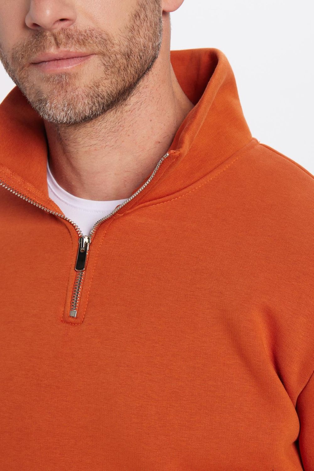 Unisex Relax Fit Rahat Kesim Pamuklu İçi Polarlı Yarım Fermuarlı Kiremit Renk Dik Yaka Sweatshirt