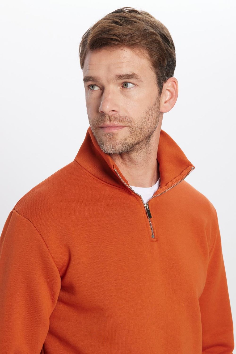 Unisex Relax Fit Rahat Kesim Pamuklu İçi Polarlı Yarım Fermuarlı Kiremit Renk Dik Yaka Sweatshirt