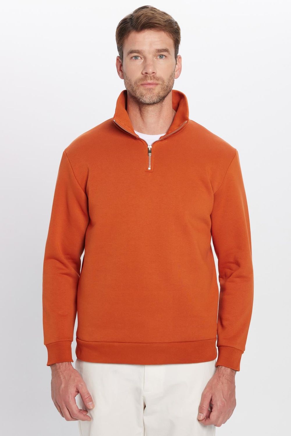 Unisex Relax Fit Rahat Kesim Pamuklu İçi Polarlı Yarım Fermuarlı Kiremit Renk Dik Yaka Sweatshirt