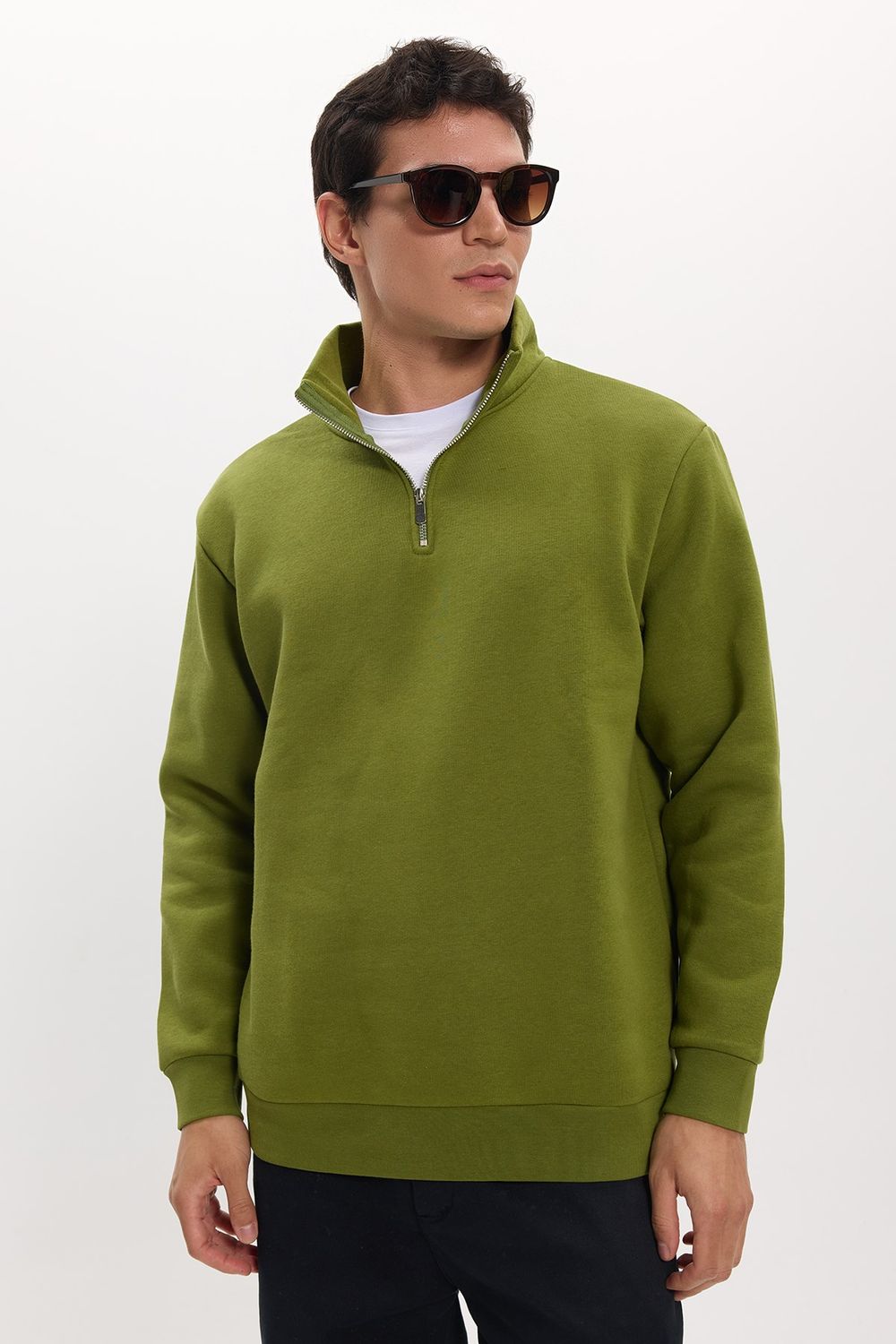 Unisex Relax Fit Rahat Kesim Pamuklu İçi Polarlı Yarım Fermuarlı Haki Dik Yaka Sweatshirt