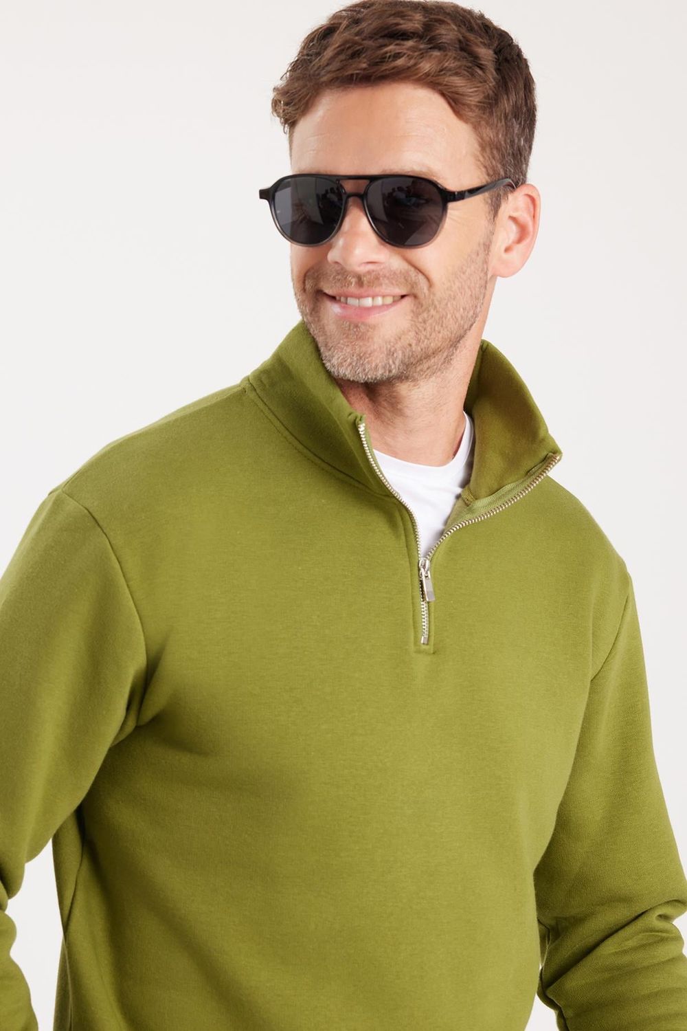 Unisex Relax Fit Rahat Kesim Pamuklu İçi Polarlı Yarım Fermuarlı Haki Dik Yaka Sweatshirt