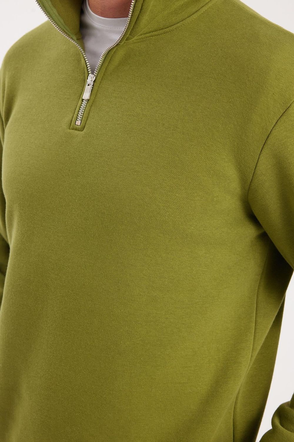Unisex Relax Fit Rahat Kesim Pamuklu İçi Polarlı Yarım Fermuarlı Haki Dik Yaka Sweatshirt