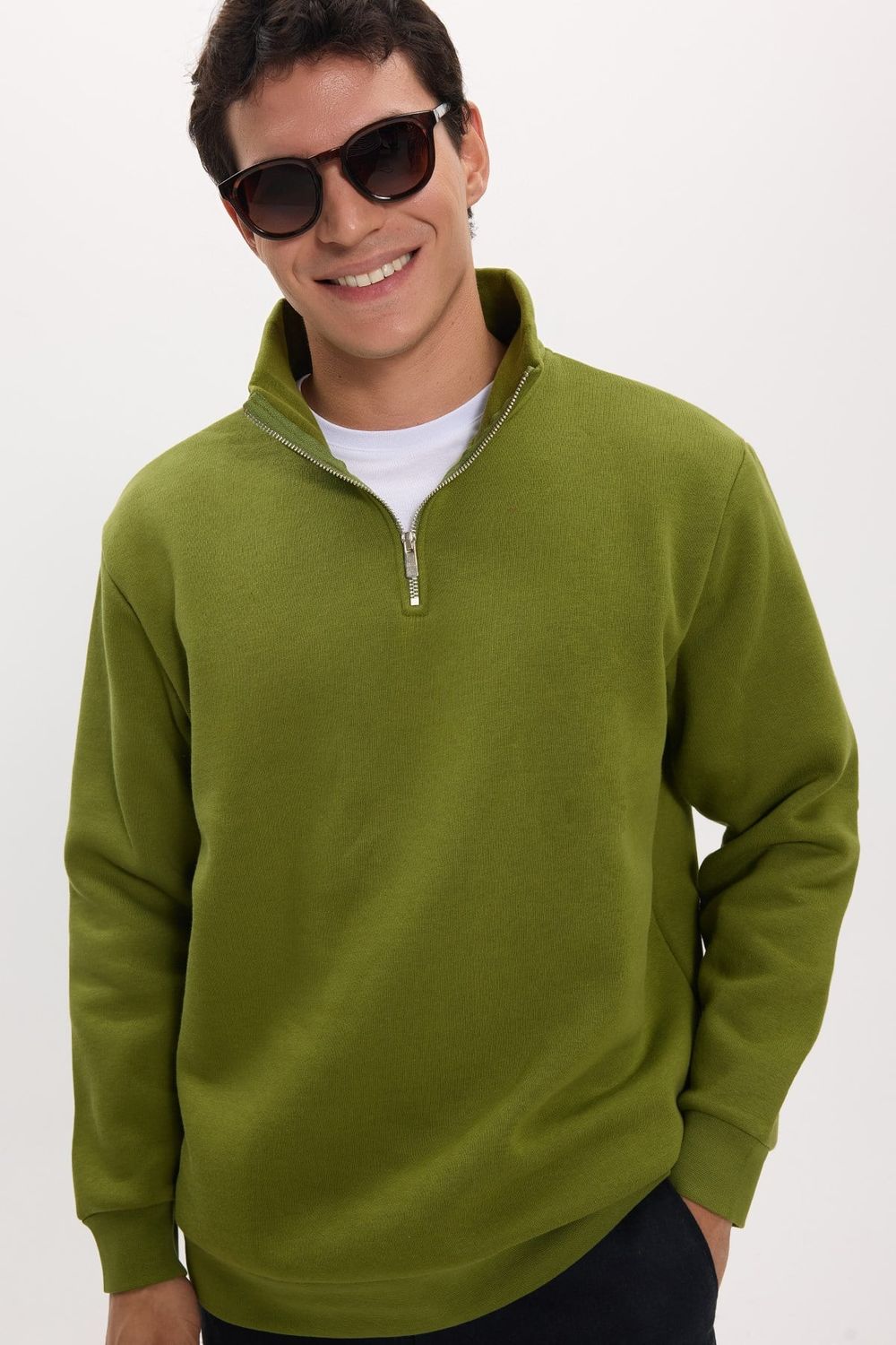 Unisex Relax Fit Rahat Kesim Pamuklu İçi Polarlı Yarım Fermuarlı Haki Dik Yaka Sweatshirt