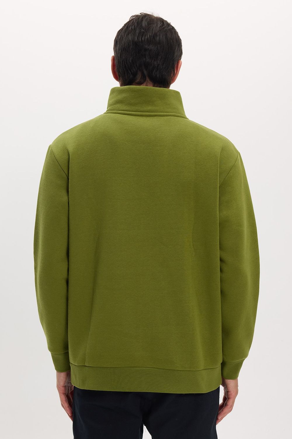 Unisex Relax Fit Rahat Kesim Pamuklu İçi Polarlı Yarım Fermuarlı Haki Dik Yaka Sweatshirt