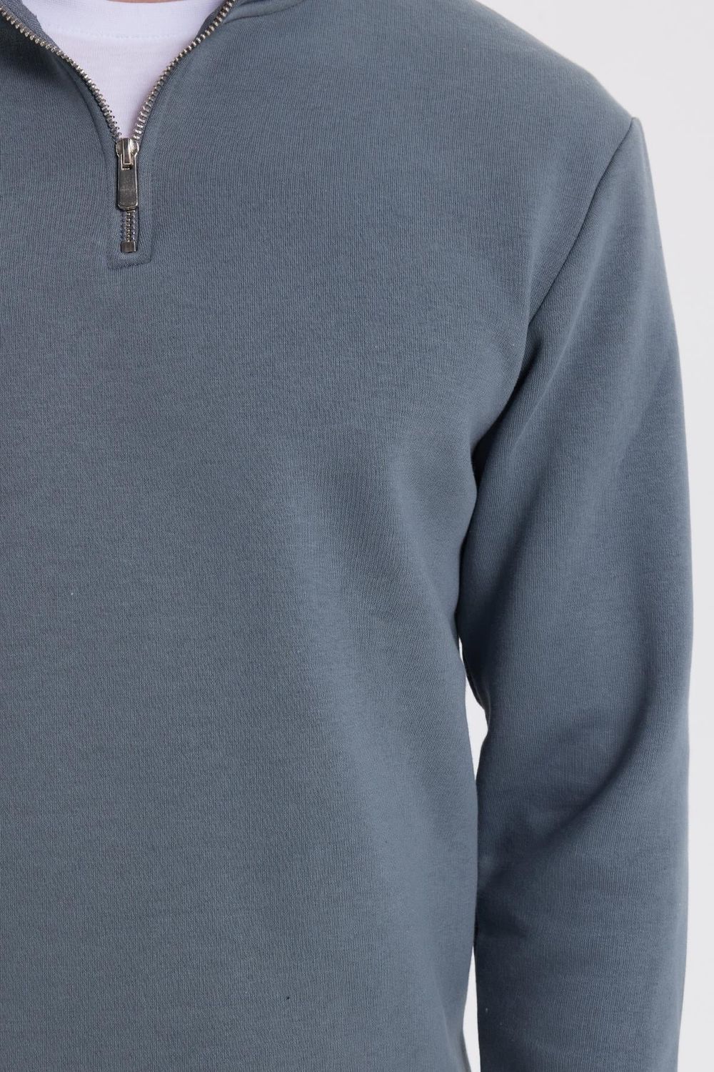 Unisex Relax Fit Rahat Kesim Pamuklu İçi Polarlı Yarım Fermuarlı Gri Dik Yaka Sweatshirt