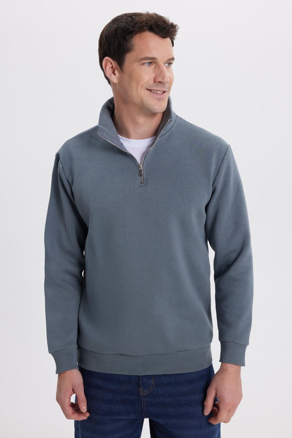 Unisex Relax Fit Rahat Kesim Pamuklu İçi Polarlı Yarım Fermuarlı Gri Dik Yaka Sweatshirt