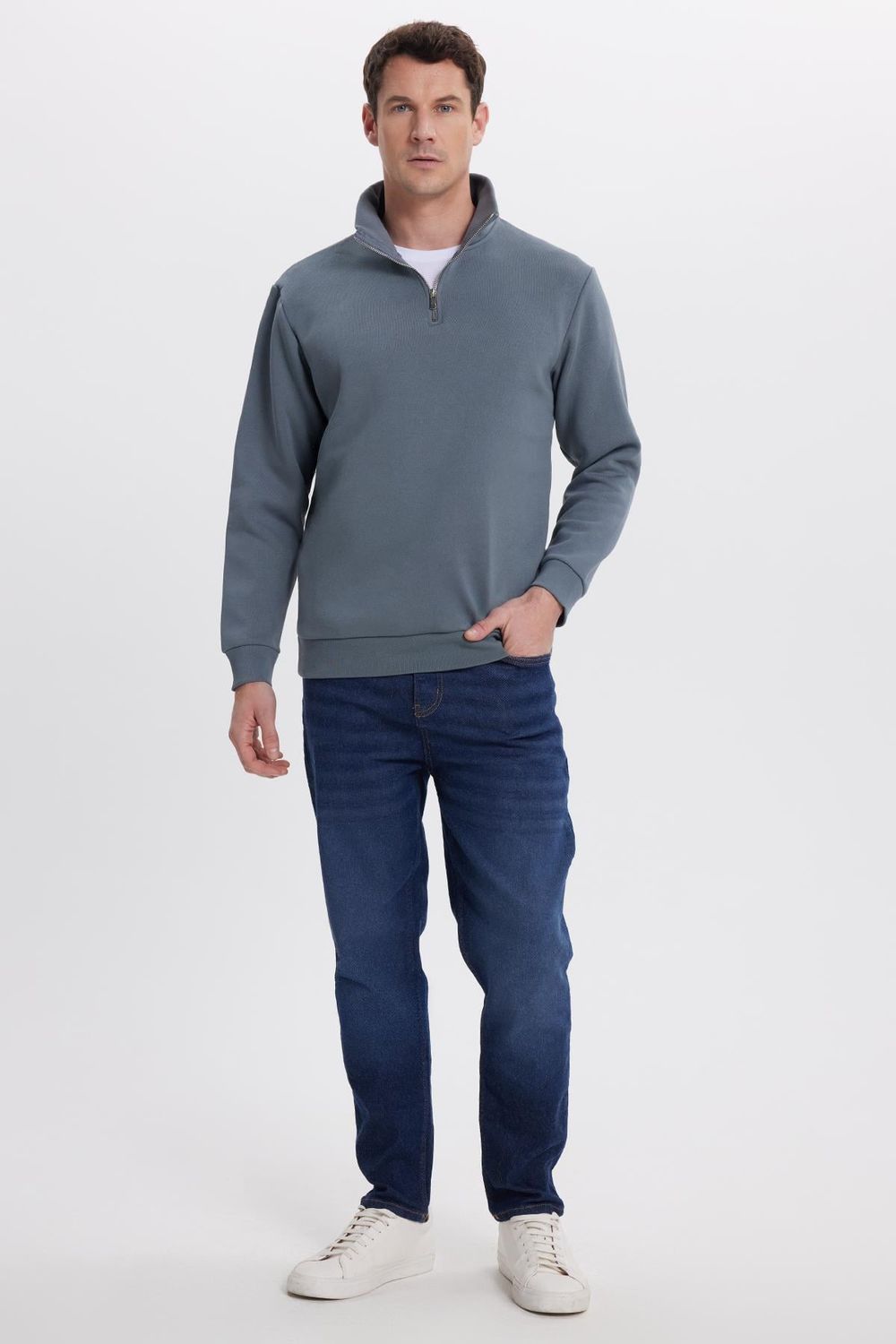 Unisex Relax Fit Rahat Kesim Pamuklu İçi Polarlı Yarım Fermuarlı Gri Dik Yaka Sweatshirt