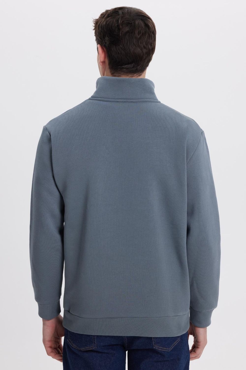 Unisex Relax Fit Rahat Kesim Pamuklu İçi Polarlı Yarım Fermuarlı Gri Dik Yaka Sweatshirt