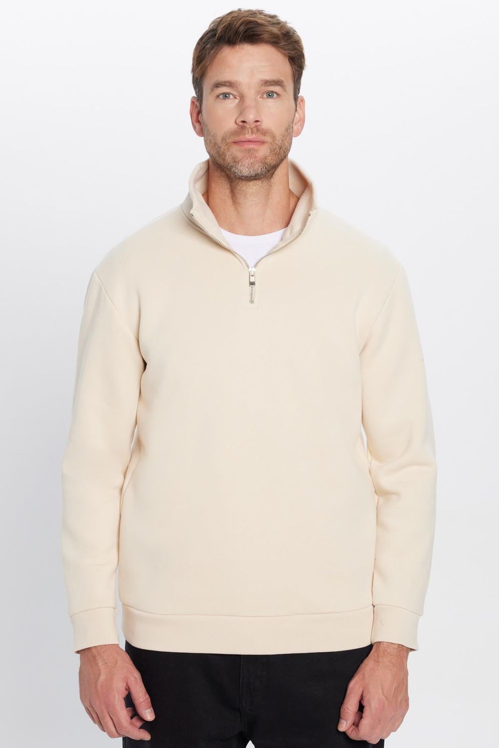 Unisex Relax Fit Rahat Kesim Pamuklu İçi Polarlı Yarım Fermuarlı Ekru Dik Yaka Sweatshirt