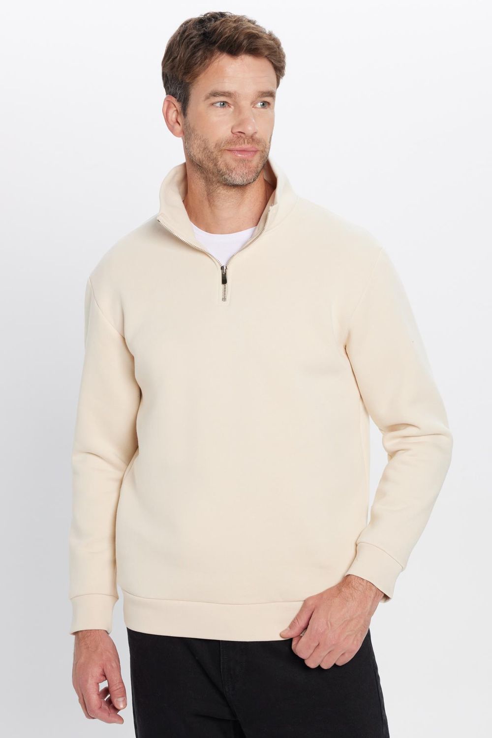 Unisex Relax Fit Rahat Kesim Pamuklu İçi Polarlı Yarım Fermuarlı Ekru Dik Yaka Sweatshirt