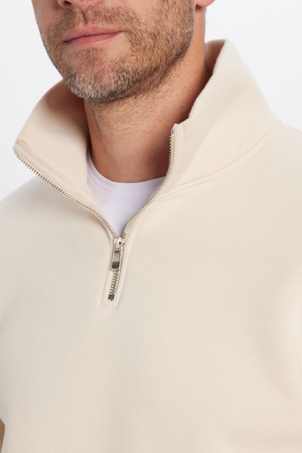Unisex Relax Fit Rahat Kesim Pamuklu İçi Polarlı Yarım Fermuarlı Ekru Dik Yaka Sweatshirt