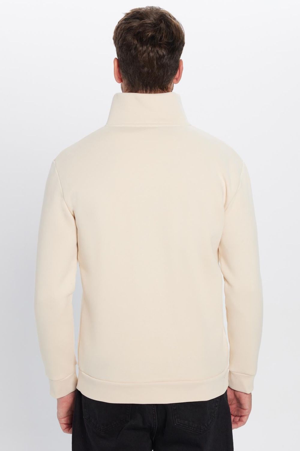 Unisex Relax Fit Rahat Kesim Pamuklu İçi Polarlı Yarım Fermuarlı Ekru Dik Yaka Sweatshirt