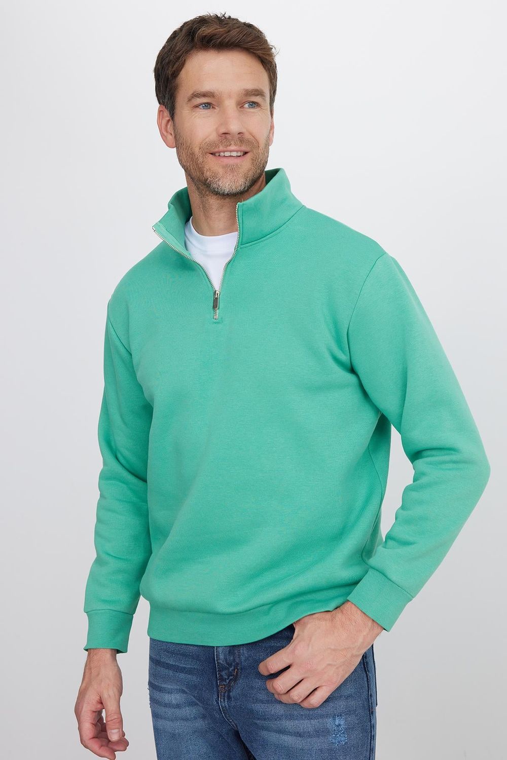 Unisex Relax Fit Rahat Kesim Pamuklu İçi Polarlı Yarım Fermuarlı Yeşil Dik Yaka Sweatshirt