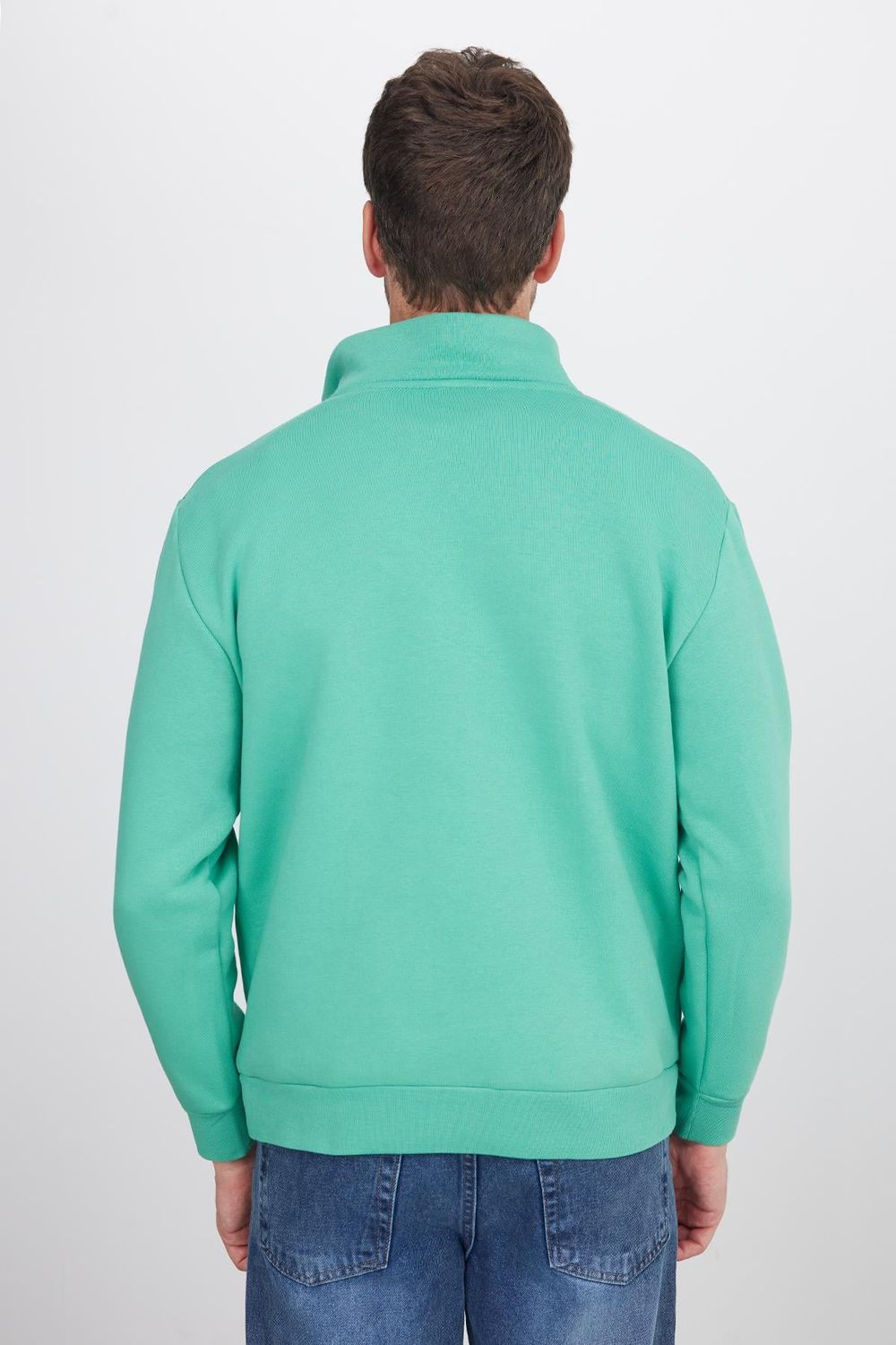 Unisex Relax Fit Rahat Kesim Pamuklu İçi Polarlı Yarım Fermuarlı Yeşil Dik Yaka Sweatshirt