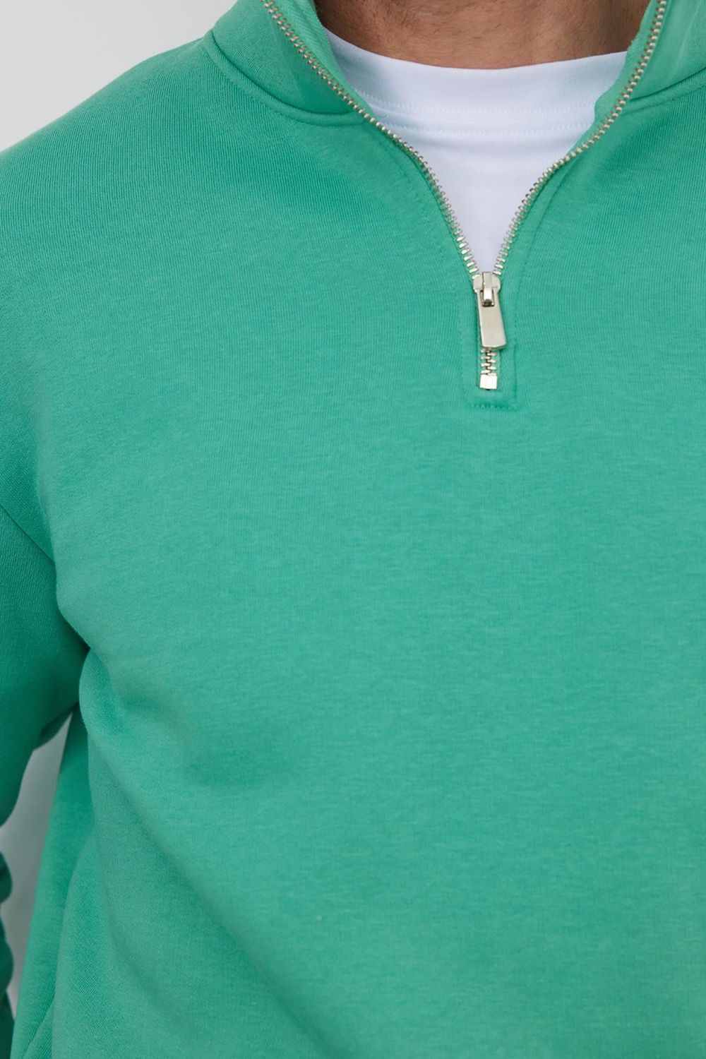 Unisex Relax Fit Rahat Kesim Pamuklu İçi Polarlı Yarım Fermuarlı Yeşil Dik Yaka Sweatshirt