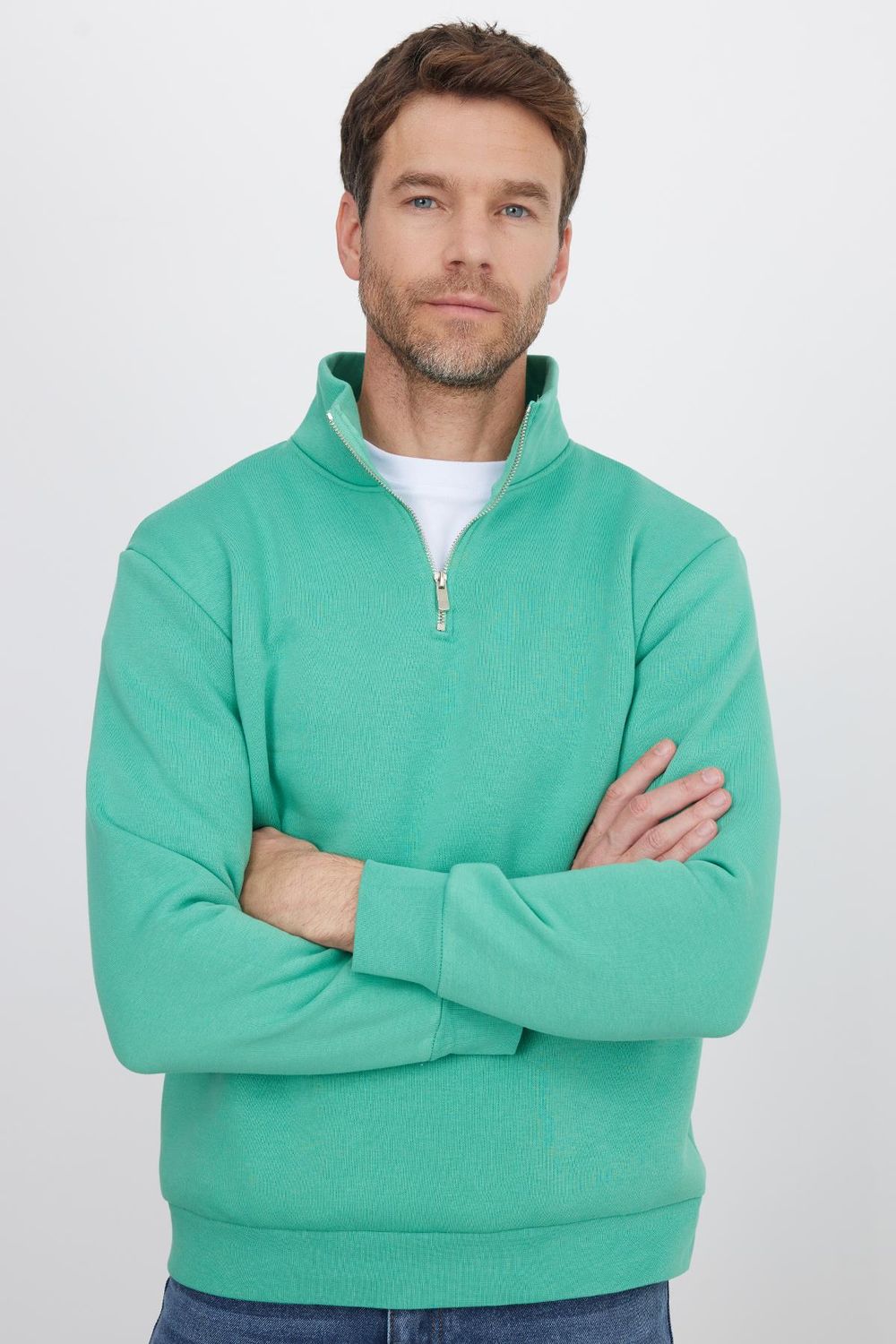 Unisex Relax Fit Rahat Kesim Pamuklu İçi Polarlı Yarım Fermuarlı Yeşil Dik Yaka Sweatshirt