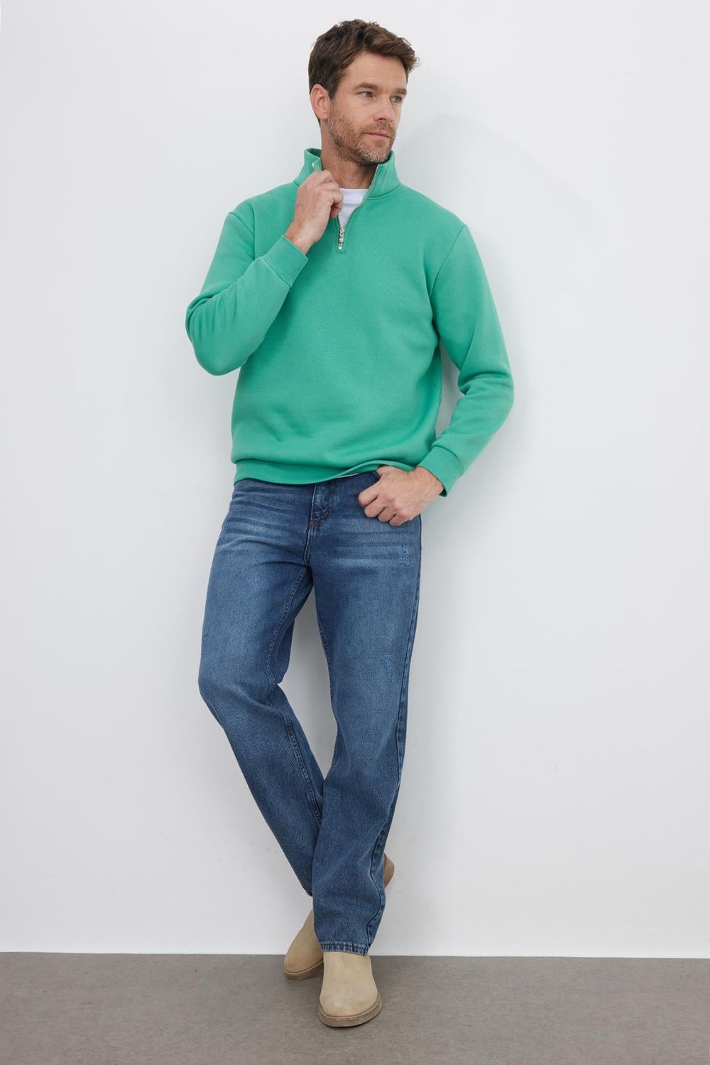 Unisex Relax Fit Rahat Kesim Pamuklu İçi Polarlı Yarım Fermuarlı Yeşil Dik Yaka Sweatshirt
