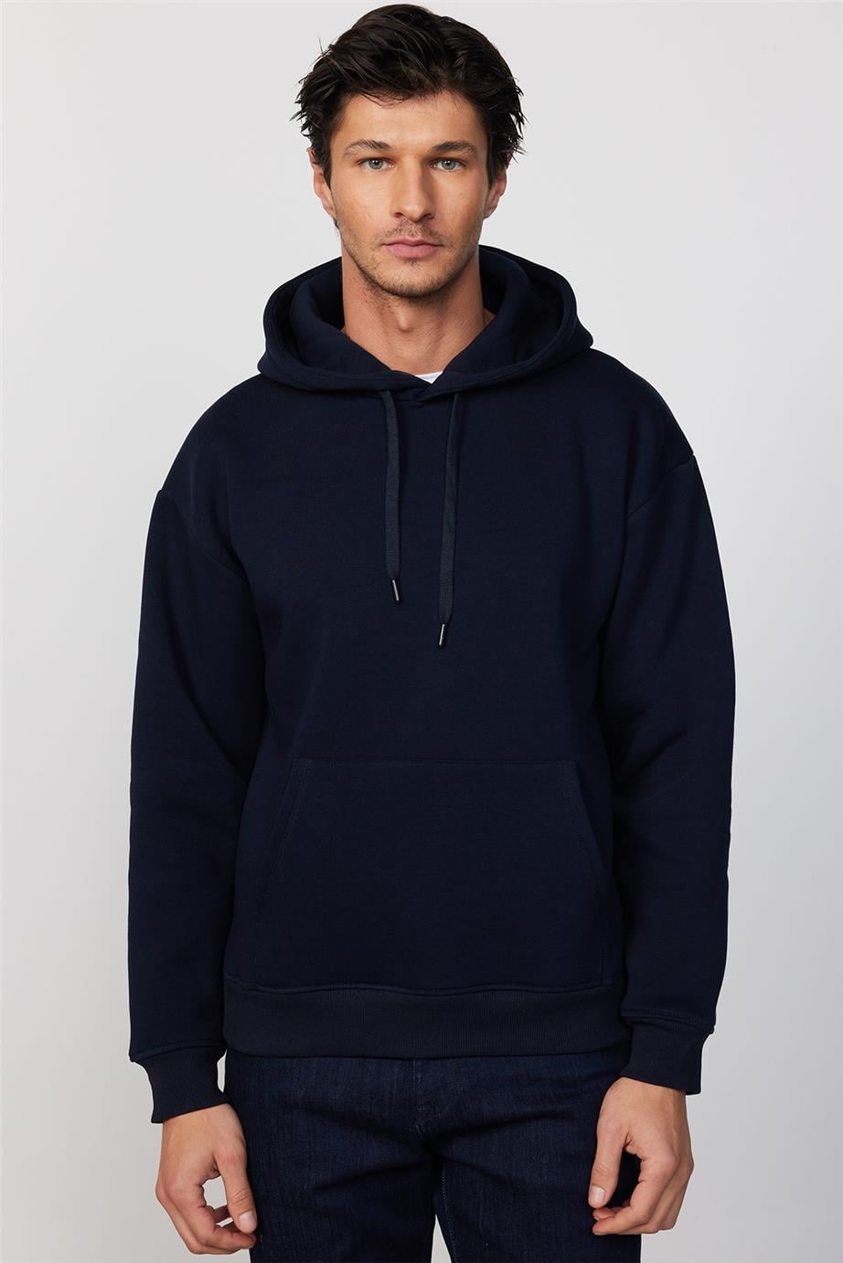 Oversize Pamuk Kapüşonlu Unisex Lacivert Sweatshirt