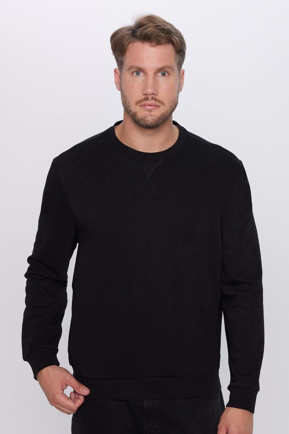 Unisex Relax Fit Rahat Kesim Pamuklu Basic Siyah Bisiklet Yaka Sweatshirt