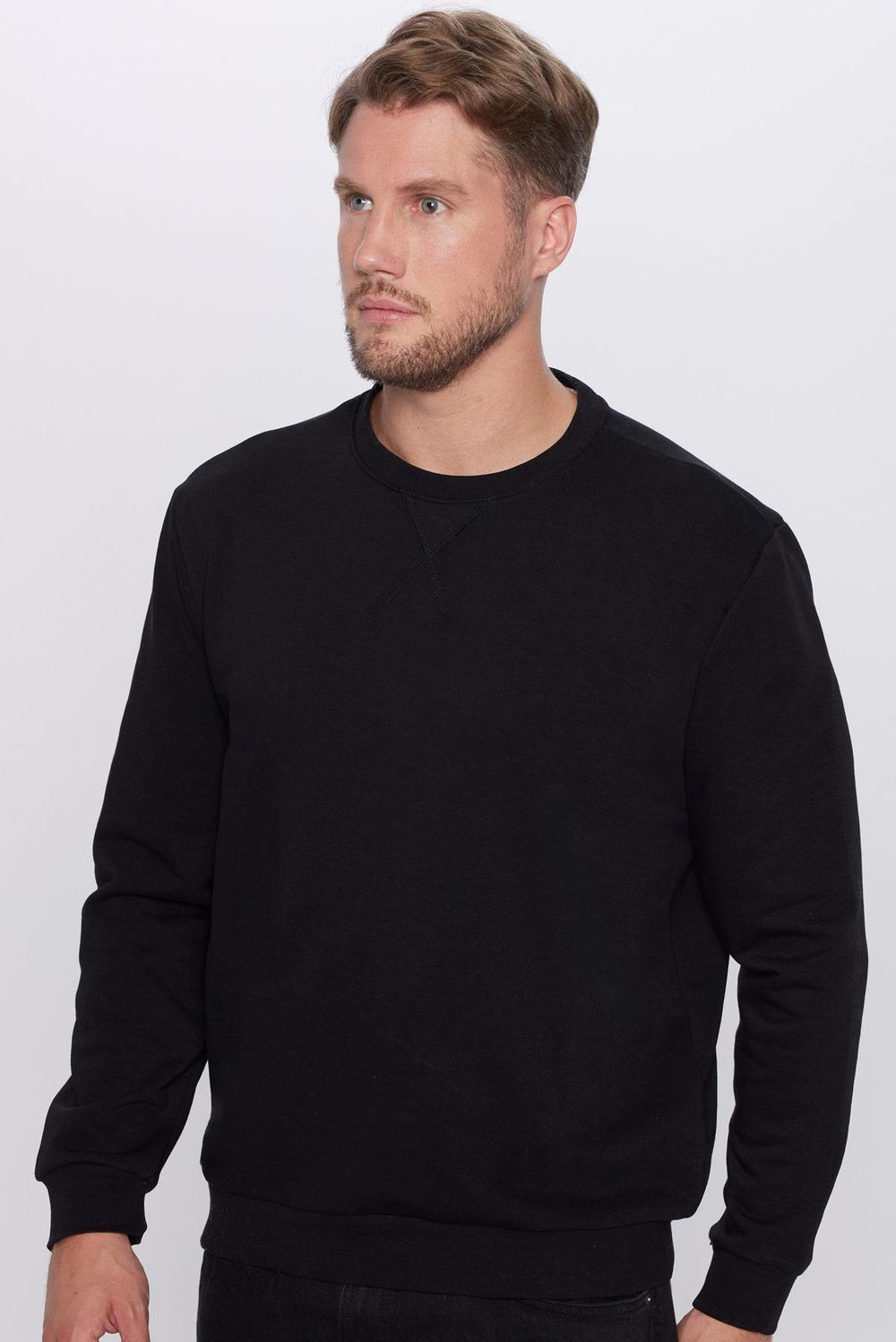 Unisex Relax Fit Rahat Kesim Pamuklu Basic Siyah Bisiklet Yaka Sweatshirt