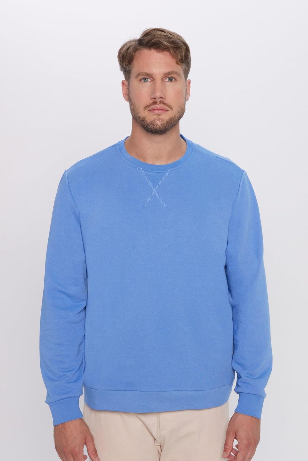 Unisex Relax Fit Rahat Kesim Pamuklu Basic İndigo Renk Bisiklet Yaka Sweatshirt