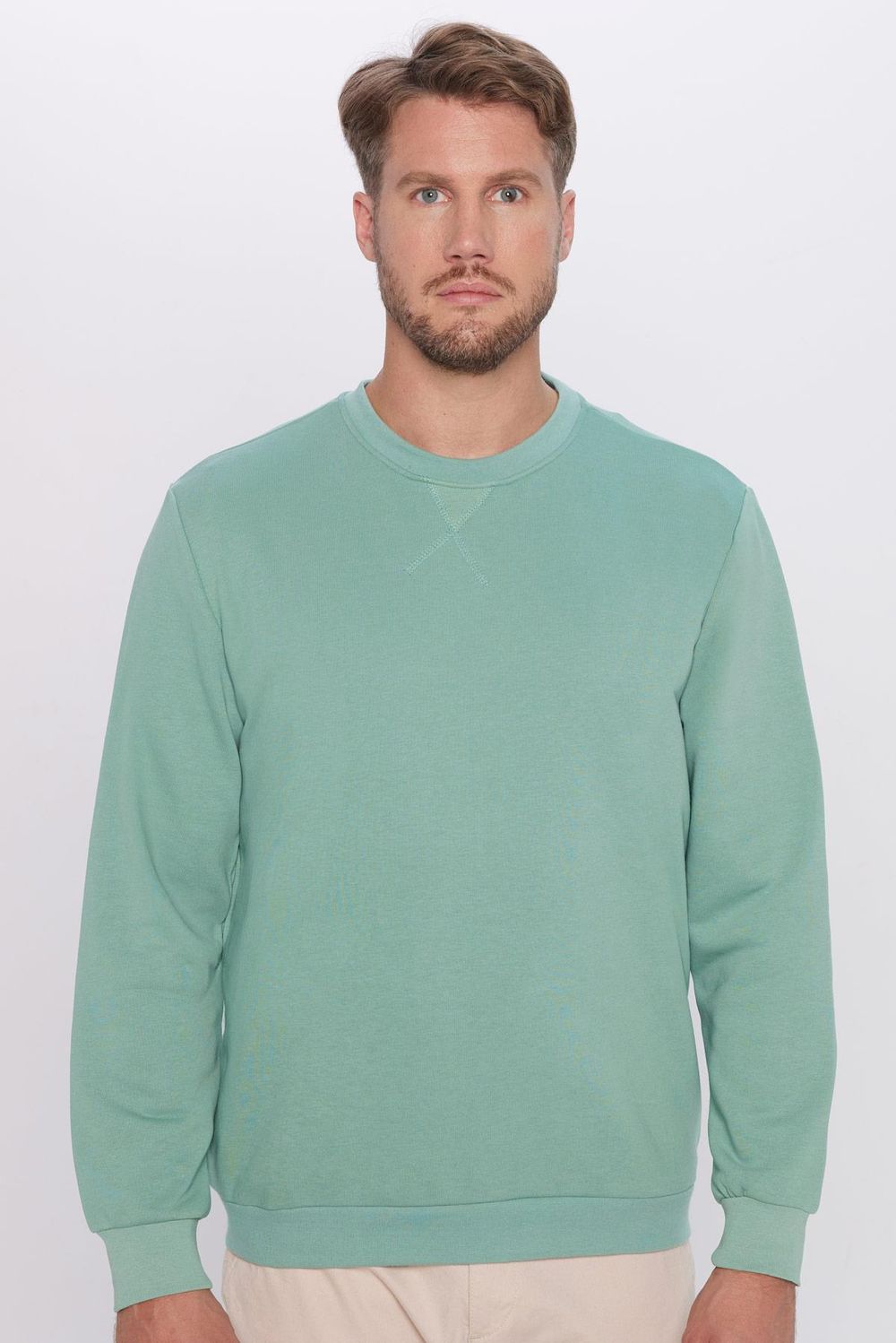 Unisex Relax Fit Rahat Kesim Pamuklu Basic Yeşil Bisiklet Yaka Sweatshirt