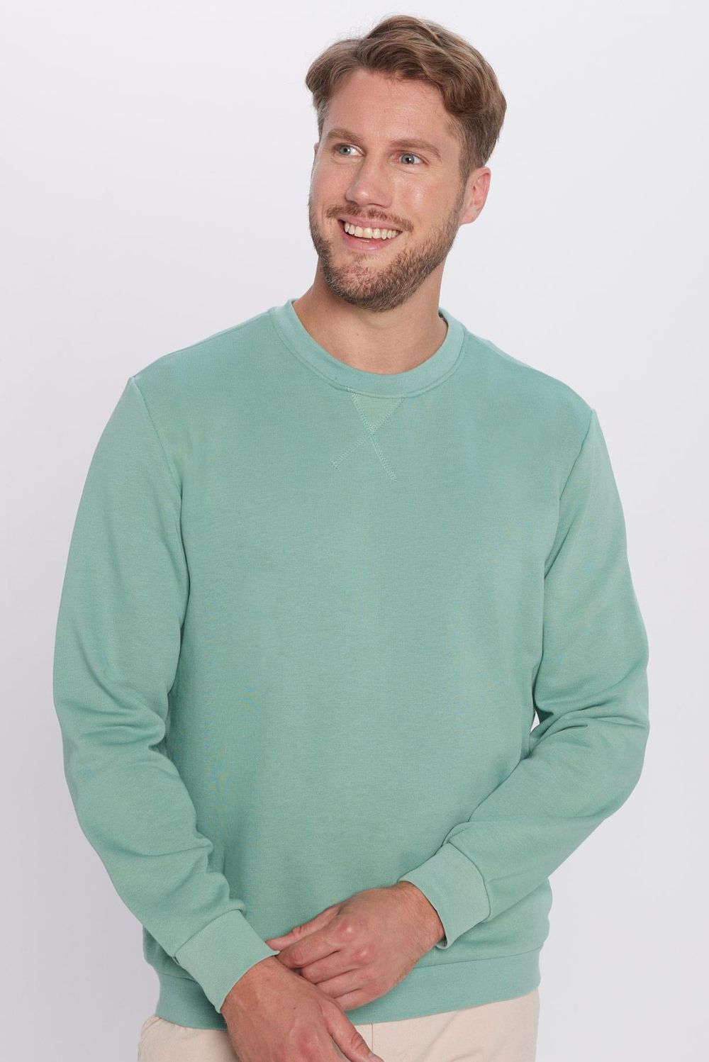 Unisex Relax Fit Rahat Kesim Pamuklu Basic Yeşil Bisiklet Yaka Sweatshirt