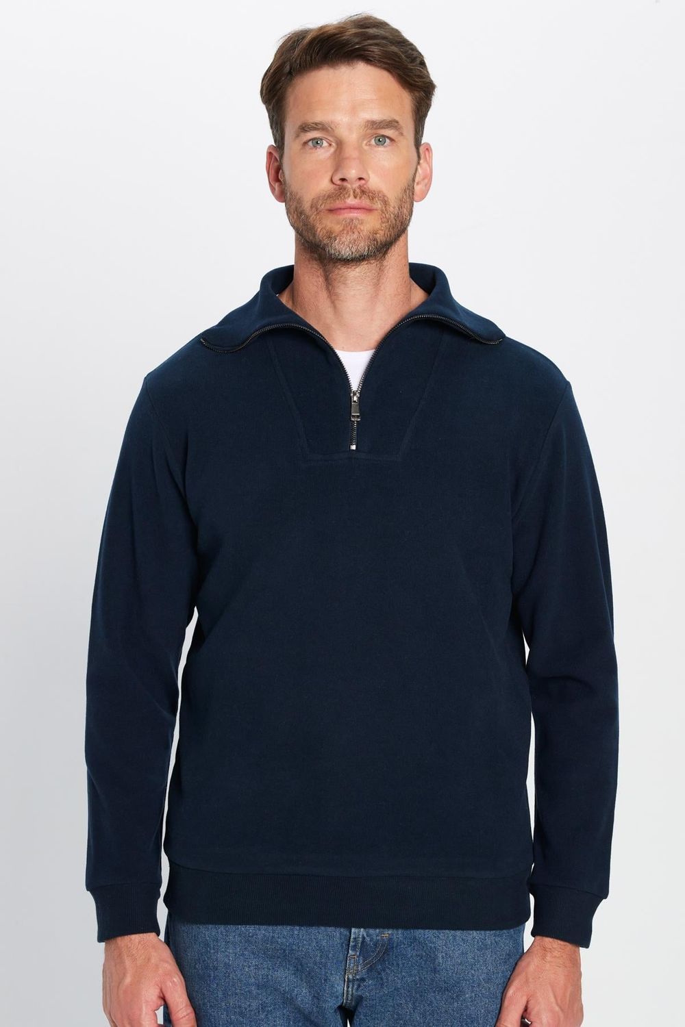 Unisex Relax Fit Rahat Kesim Fitilli Desenli Pamuklu Yarım Fermuarlı İndigo Dik Yaka Sweatshirt
