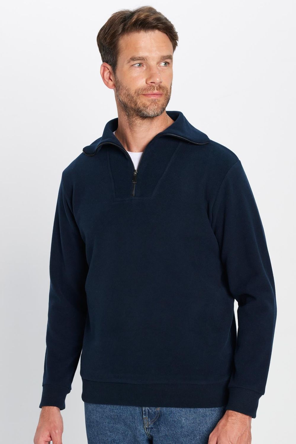 Unisex Relax Fit Rahat Kesim Fitilli Desenli Pamuklu Yarım Fermuarlı İndigo Dik Yaka Sweatshirt