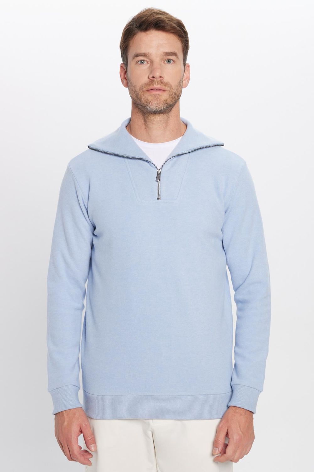 Unisex Relax Fit Rahat Kesim Fitilli Desenli Pamuklu Yarım Fermuarlı Mavi Dik Yaka Sweatshirt