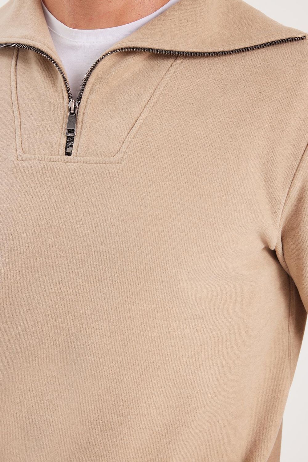 Unisex Relax Fit Rahat Kesim Fitilli Desenli Pamuklu Yarım Fermuarlı Bej Dik Yaka Sweatshirt