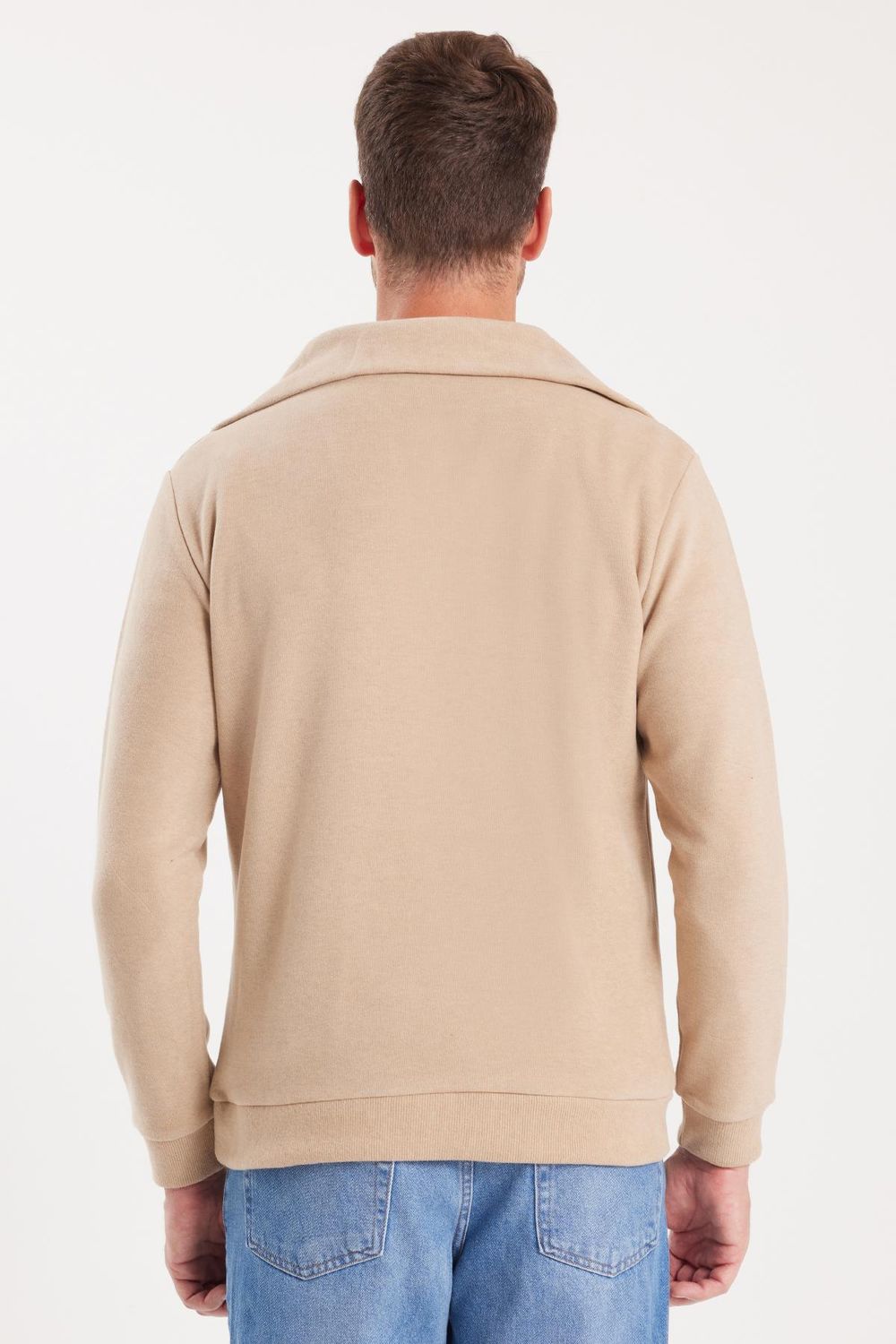 Unisex Relax Fit Rahat Kesim Fitilli Desenli Pamuklu Yarım Fermuarlı Bej Dik Yaka Sweatshirt