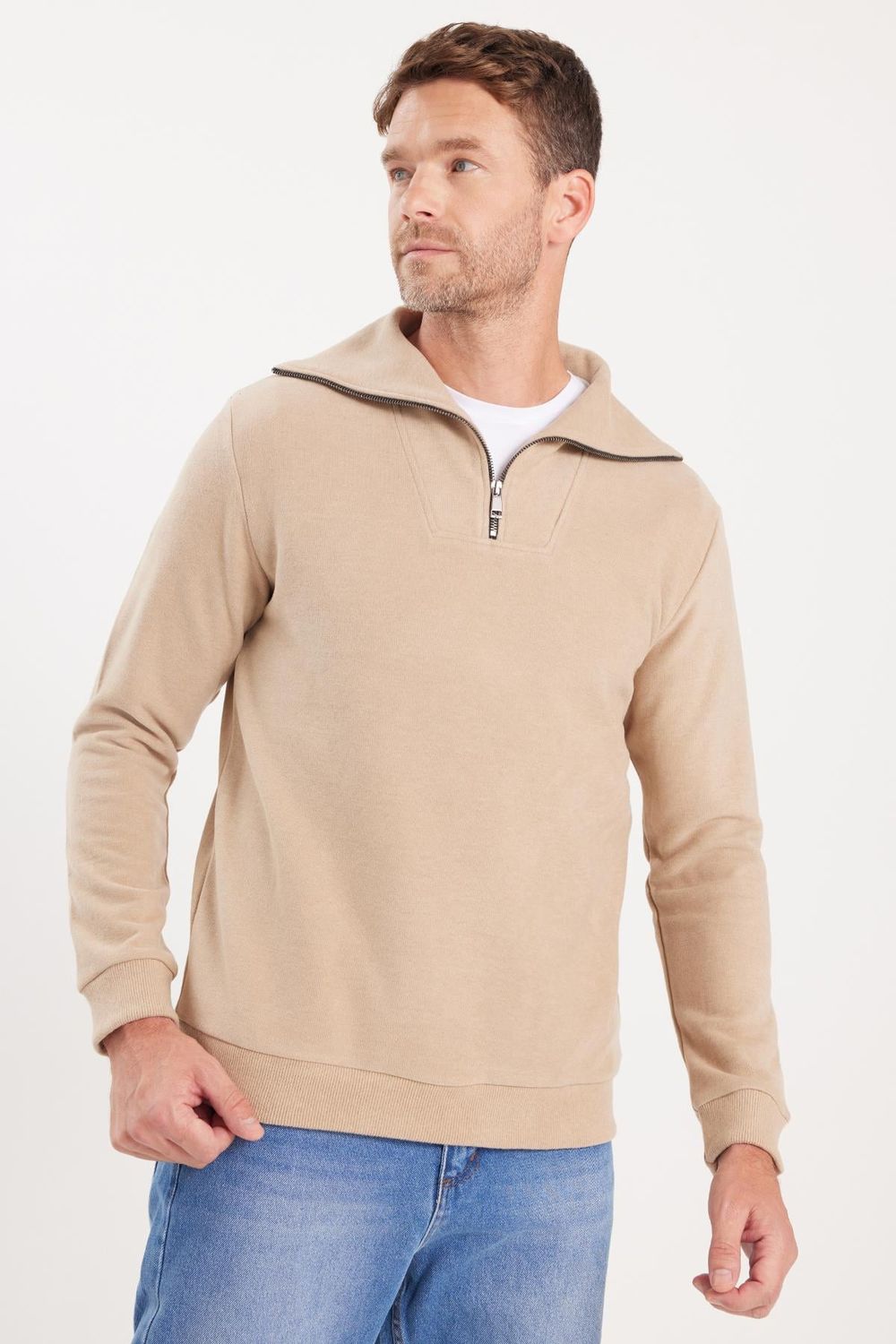 Unisex Relax Fit Rahat Kesim Fitilli Desenli Pamuklu Yarım Fermuarlı Bej Dik Yaka Sweatshirt