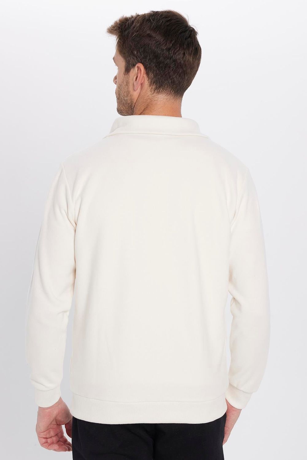 Unisex Relax Fit Rahat Kesim Fitilli Desenli Pamuklu Yarım Fermuarlı Dik Yaka Sweatshirt