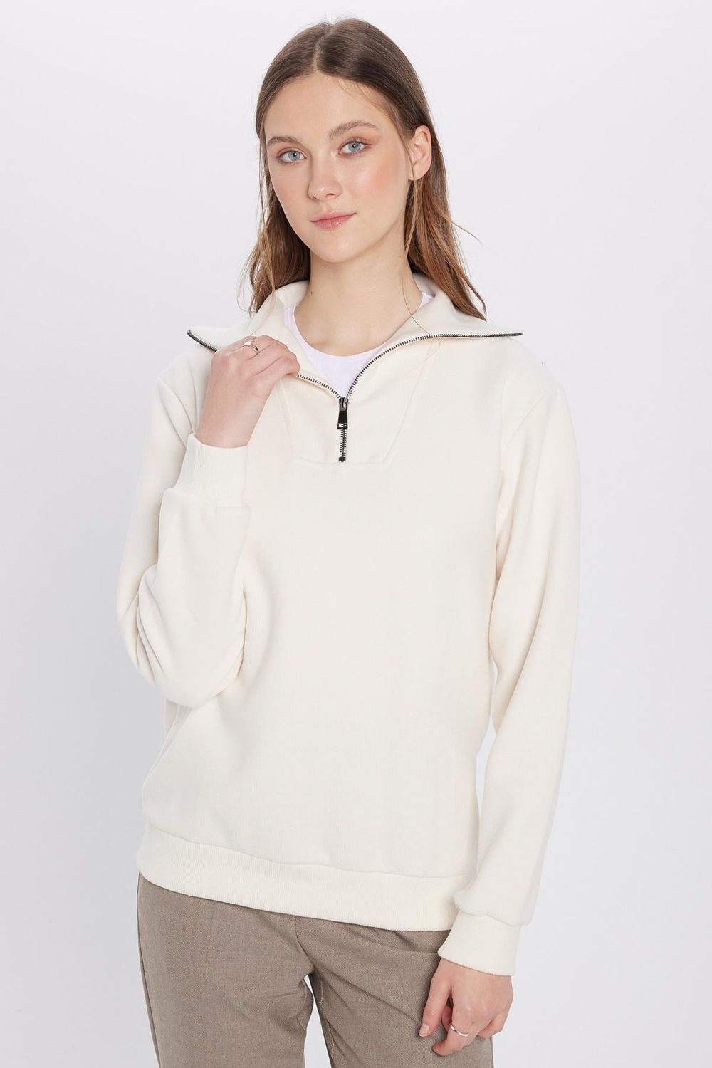 Unisex Relax Fit Rahat Kesim Fitilli Desenli Pamuklu Yarım Fermuarlı Ekru Dik Yaka Sweatshirt