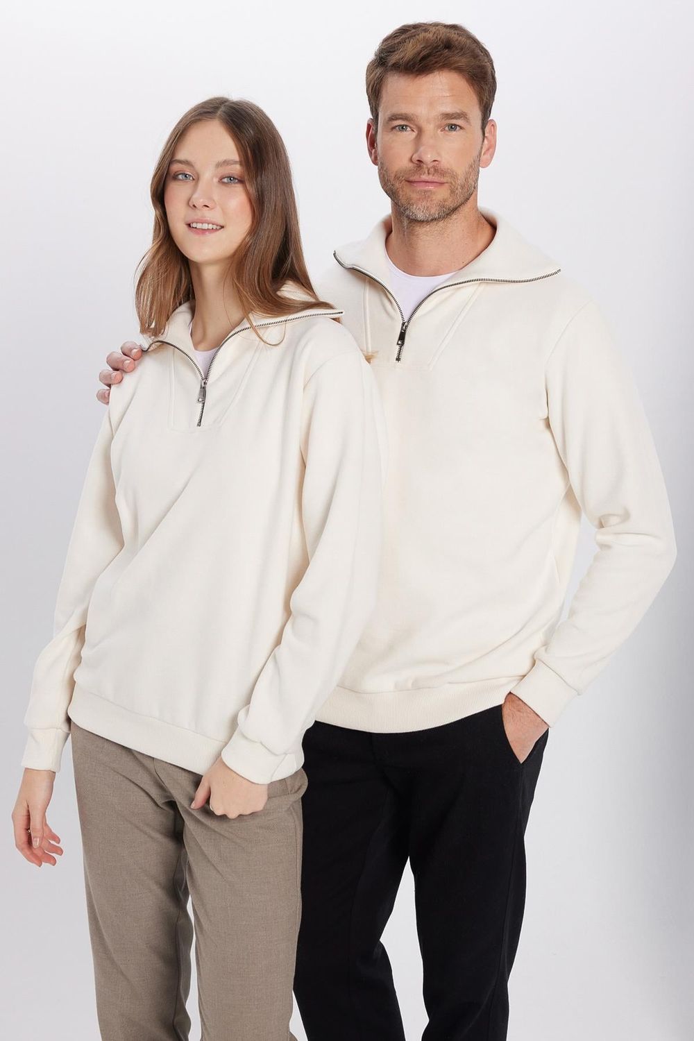 Unisex Relax Fit Rahat Kesim Fitilli Desenli Pamuklu Yarım Fermuarlı Ekru Dik Yaka Sweatshirt