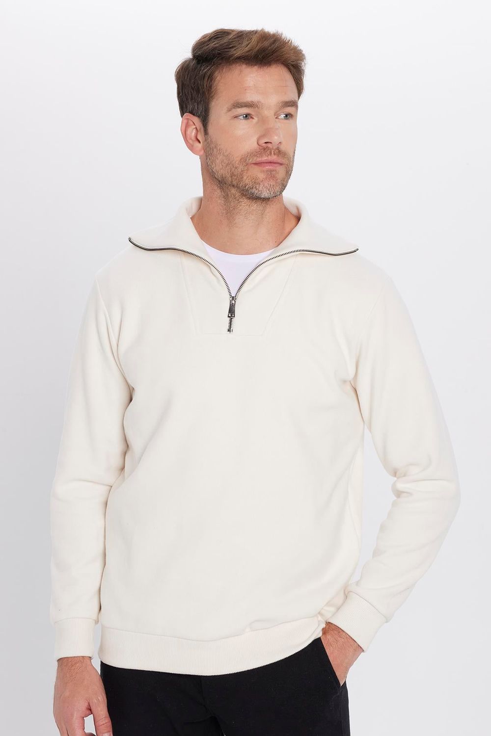 Unisex Relax Fit Rahat Kesim Fitilli Desenli Pamuklu Yarım Fermuarlı Dik Yaka Sweatshirt