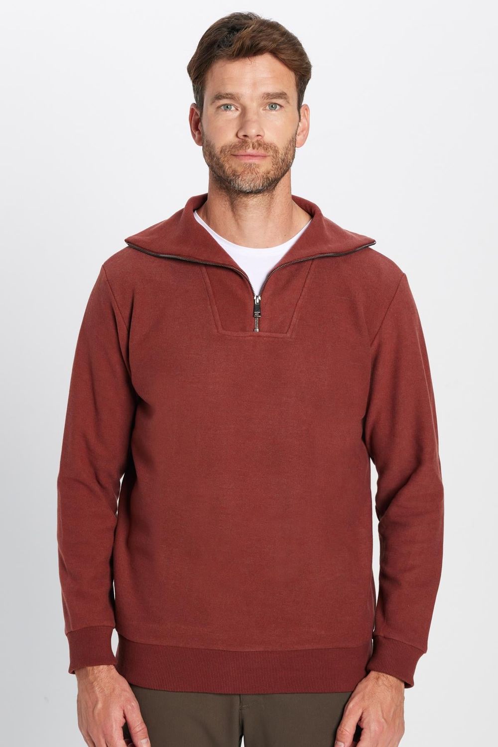 Unisex Relax Fit Rahat Kesim Desenli Pamuklu Yarım Fermuarlı Kiremit Renk Dik Yaka Sweatshirt