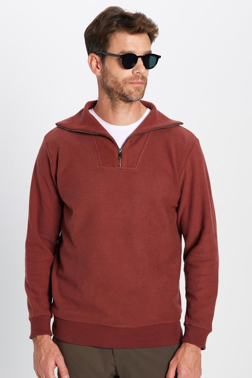 Unisex Relax Fit Rahat Kesim Desenli Pamuklu Yarım Fermuarlı Kiremit Renk Dik Yaka Sweatshirt