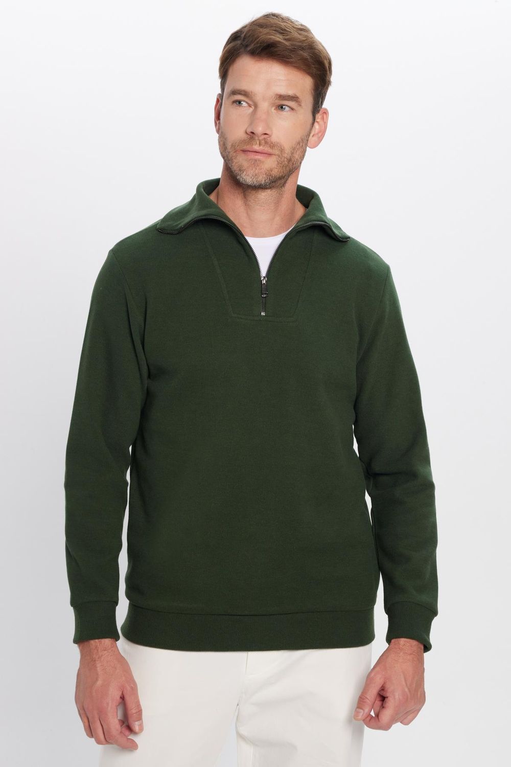Unisex Relax Fit Rahat Kesim Fitilli Desenli Pamuklu Yarım Fermuarlı Yeşil Dik Yaka Sweatshirt