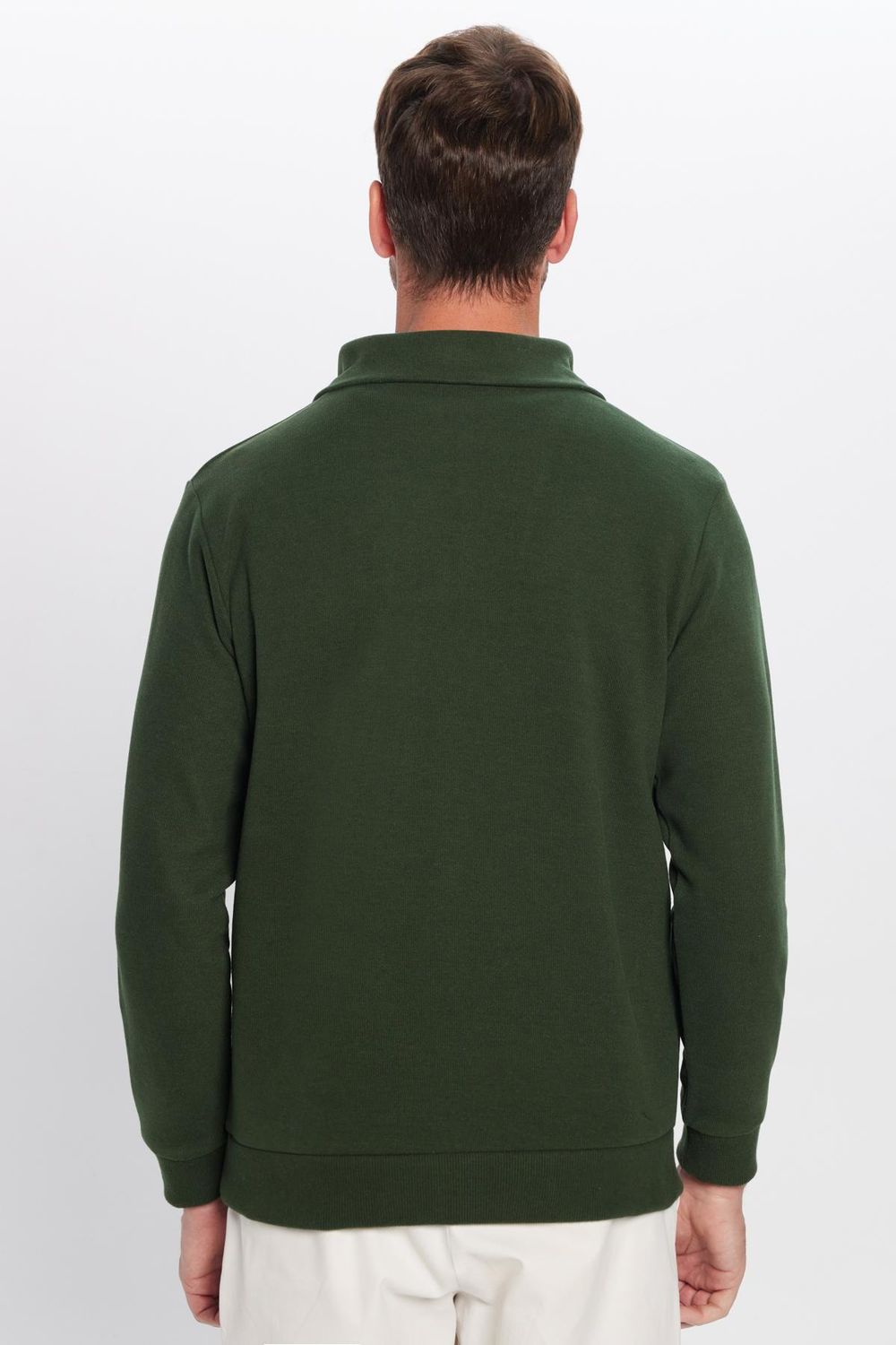 Unisex Relax Fit Rahat Kesim Fitilli Desenli Pamuklu Yarım Fermuarlı Yeşil Dik Yaka Sweatshirt